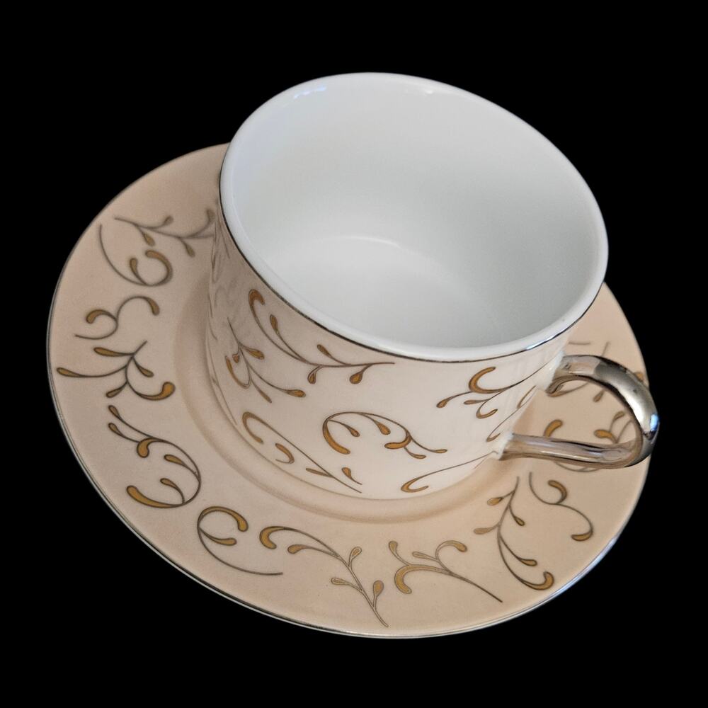 Classic Coffee & Tea Cup Saucer Set Gold Scroll Beige Porcelain China
